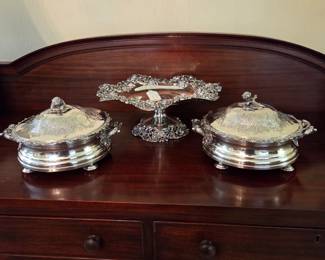 Pair of Sterling Silver Buffet Lidded Service dishes. Silver on copper container, inserts and lids marked sterling with British passants.  Note Heraldic moto God is my Strong Tower.