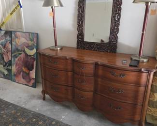 Vintage French Provincial Double Dresser, Pair of tall table lamps and fashion mirror.