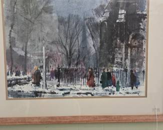Framed watercolor by Ralph Avery. Known for atmospheric city scrapes. Circa 1950s.