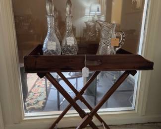 Butler's Tray Table with Pair of German Lead Crystal decanters and an American Brilliant Crystal pitcher.