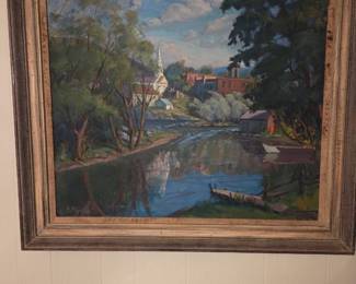 Framed oil-on-canvas by listed artist F.P. Shea (Frank) 1885/1977. New England mill town.