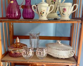 Cranberry dishes, MCM tea pot, creamer, sugar