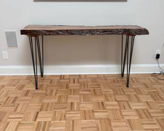 F12 - $150. Double Live Edge Sofa / Console Table. Measures 61" at the longest spot x 18" deepest x 32.5" tall. 