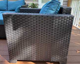 F62 - $175. 7 Piece Plastic Rattan Couch, Chairs, ottomans & side table. No issues noted. Stored on a covered back porch.  