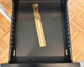 F70 - $40. Locking, Rolling, Metal Filing Cabinet. Measures 15.5" x 20" x 24.5" tall. One large file drawer, 2 smaller drawers. 