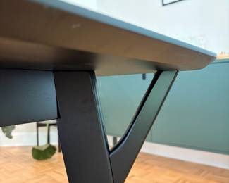 F61 - $300. Black Dining Room Table with 6 Wooden Chairs. All are newer and made to look like MCM furniture! Table measures 71" x 35.5" x 29.5" tall. Chairs are 19.5" wide x 21" deep x 33.25" tall. Seat to floor is 18".  Excellent condition and very gently used!