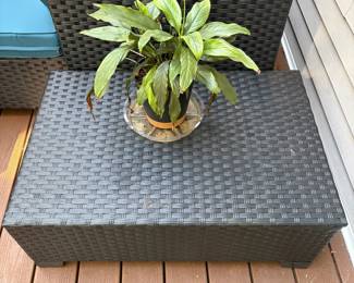 F62 - $175. 7 Piece Plastic Rattan Couch, Chairs, ottomans & side table. No issues noted. Stored on a covered back porch.  