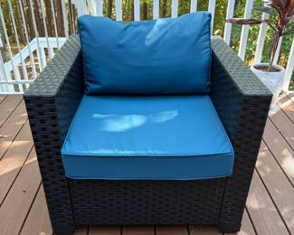 F62 - $175. 7 Piece Plastic Rattan Couch, Chairs, ottomans & side table. No issues noted. Stored on a covered back porch.  