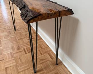 F12 - $150. Double Live Edge Sofa / Console Table. Measures 61" at the longest spot x 18" deepest x 32.5" tall. 
