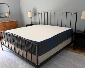F34 - $950. King Size Crate & Barrel Mason Bed with Nectar Hybrid Mattress. Measures 80" x 7' long x 55" at the highest point on the headboard. Mattress is clean and included if you want it. 