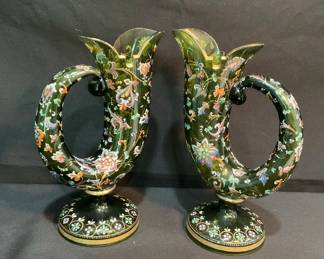 03 Antique Bohemian Emerald Green Glass Horn Evers