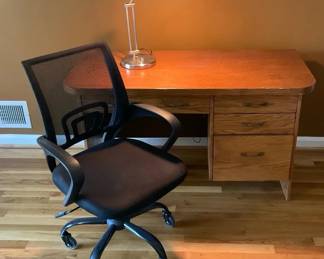 Wooden Desk, Office Chair, And Desk Lamp