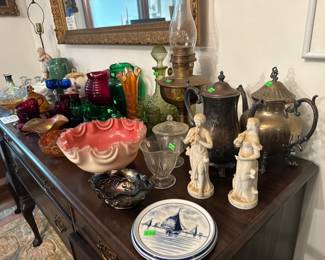 Glass items including vintage Alaaden oil lamp