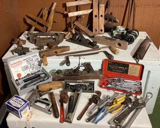 Antique  Vintage Woodworking Tool Lot Wooden Clamps, Bailey Stanley Plane  Scale