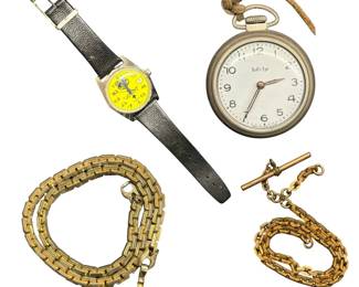 Timex Cub Scouts Wristwatch, GoldToned Pocket Watch Chains, and Westclox Bulls Eye Pocket Watch,