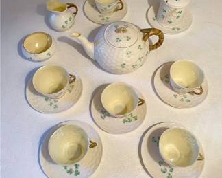 Vintage Belleek Basketweave Shamrock Tea Set
