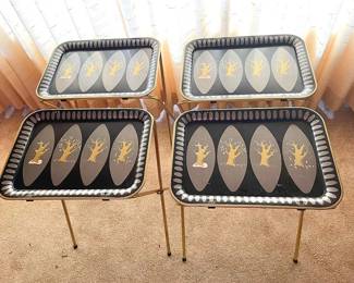 Vintage Four Season Gold, Black Metal TV Trays Set Of Four