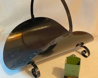 Vintage Green Metal Match Holder And Black Fireword Holder