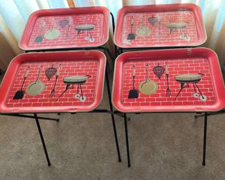 MCM Grill Motif Metal TV Trays And Circular Drink Tray