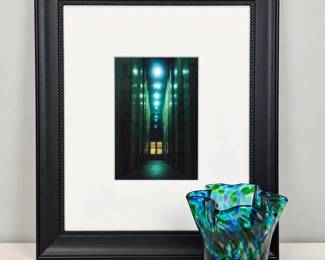 Lot 065 Lot 65 Framed Architecture Photographic Print and Hand Blown Glass Vase Both in Green Bl