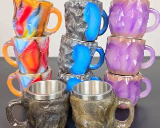 Lot 057 Lot 57 Set of Assorted Colorful and Textured Resin and Stainless Steel Coffee Mugs