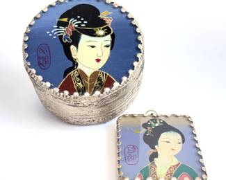 Lot 041 Lot 41 Vintage Chinese Repouss Metal Powder Box w Scalloped Edge Mirror Square Pendant