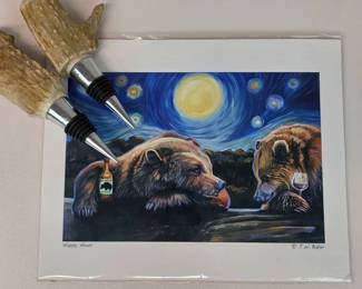 Lot 047 Lot 47 J W Baker Happy Hour Giclee Art Real Antler Wine Stoppers