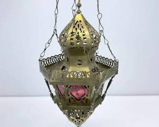 Lot 043 Lot 43 Vintage Brass Moroccan Hanging Lantern with Red and Clear Glass Panels and Ornate
