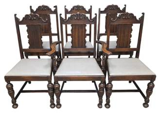Lot 069 Lot 69 Set of Six Vintage Jacobean Revival or English TudorStyle Wooden Dining Chairs w