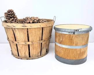 Lot 013 Lot 13 Vintage Wood Bushel Basket with XL Pinecones Banded Wood Storage Shipping Contain