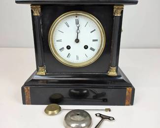 Lot 060 Lot 60 Antique Black Mantel Clock with Roman Numerals and Brass Accents
