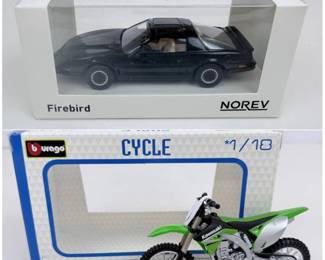 Lot #135 - Norev Firebird Diecast Car Model and Bburago Kawasaki Green Dirt Bike Model 1/18 Scale
