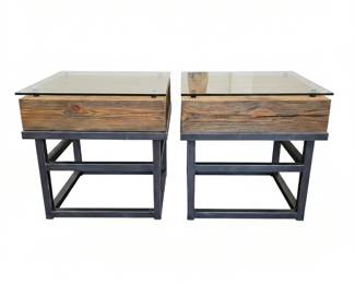 Lot 010 Lot 10 Pair of Industrial Wood Black Metal Side Tables with Removable Glass Tops