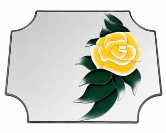 Lot 030 Lot 30 Vintage Decorative Mirror with Reverse Painted Yellow Rose and Green Leaves Motif