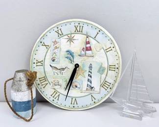 Lot 015 Lot 15 Coastal Nautical Dcor Lot Lighthouse Wall Clock Cristal dArques Sailboat Wood Bu