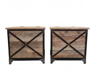 Lot 011 Lot 11 Pair of Daz Mango Wood Black Metal Storage End Tables Industrial Trunk Style