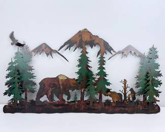 Lot #12 - Rustic Metal Mountain Wildlife Wall Art – Bears, Eagle & Pine Forest – 35" x 19"