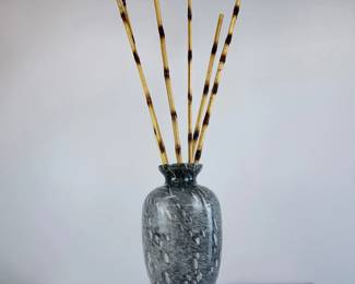 Lot 006 Lot 6 Large Contemporary Black Gray White Art Glass Vase with Bamboo Stems Unmarked