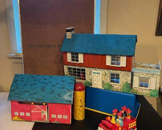 1940's-50's metal toy barn and house
