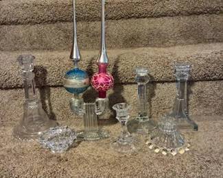 Glass candle stick holders, glass blown tree toppers 1930's-40's