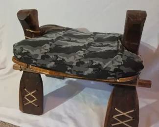 Vintage Wooden Camel Saddle Stool w Camo Cushion