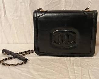 Vintage Chanel Black Leather Flap Bag with Chain Strap PBC1KA