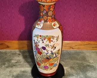 Large Asian Porcelain Peacock Vase with Footed Black Wooden Base P...