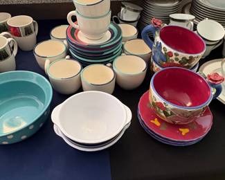 Assorted Estate Kitchenware Collection with Floral Mugs and Striped Acrylicware