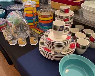 Assorted Estate Kitchenware Collection with Floral Mugs and Striped Acrylicware second image