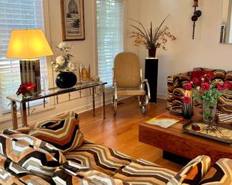 Milo Baughman Style Chrome and Upholstered Rocking Chair with Chevron Upholstery