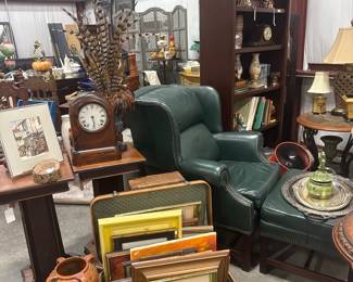 Vintage Green Leather Wingback Chair and Ottoman