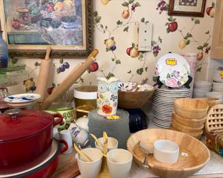 Cusinart, Tupperware, Wooden serving sets, vintage floral desert plates