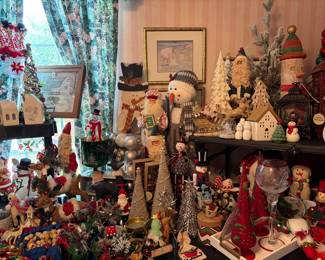 Santa, Snowmen, Elves, Garland, Christmas Trees, China, Wreaths, Glassware and Villages