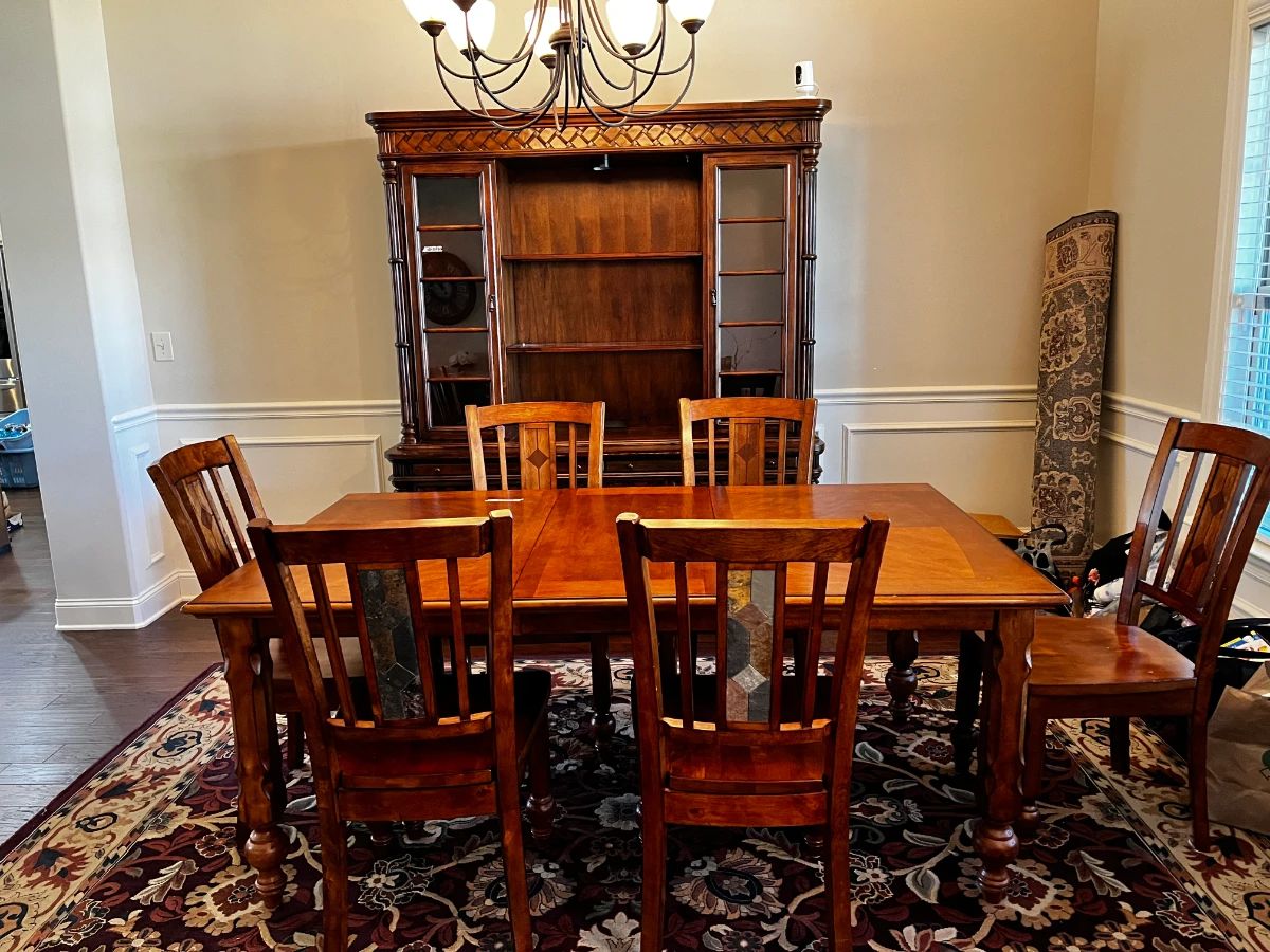 #001	Wood China Cabinet w/3 deep drawers and 3 pull-out drawers lighted w/2 glass doors and 2 shelves - and 2 glass shelves in center of console - 68x20x30-80	 $175.00 